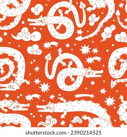 Mythological creatures. Zodiac sign. Chinese asian cartoon style. Seamless pattern with decorative Chinese dragons. Wallpaper. Textile Print template. White illustration on red background