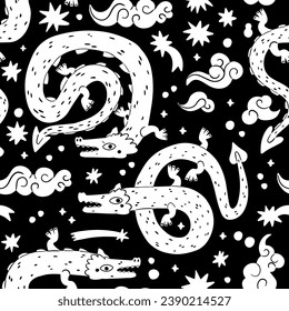 Mythological creatures. Zodiac sign. Chinese asian cartoon style. Seamless pattern with decorative Chinese dragons. Wallpaper. Textile Print template. White illustration on black background