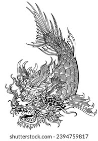 mythological dragon headed koi carp fish swimming down. Japanese and Chinese mythical creature isolated on white. Graphic style vector illustration