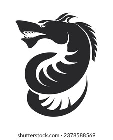 Mythological dragon silhouette, isolated folklore creature with tail and hair. Roaring creature personage or falk animal, Chinese culture tales. Monochrome sketch outline. Vector in flat style