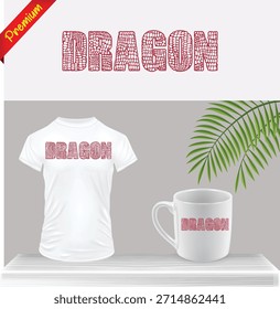 Diseño mitológico del Vector del dragón en la camiseta y la maqueta de la taza. Poderoso gráfico de criatura de fantasía con elemento de hoja decorativa. Ropa aislada y concepto de Mercancía.