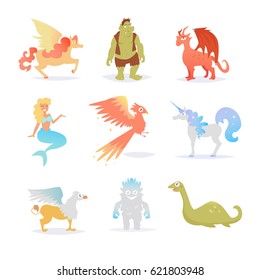 Mythological and fairy creatures. Pegasus, Troll, dragon, unicorn, Phoenix, mermaid, Griffin, bigfoot,  Loch ness monster. Isolated art on white background. Vector. Cartoon. Flat. Set