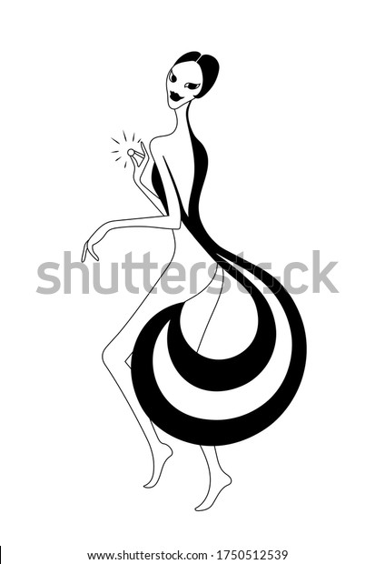 星玉を持つ神話上の女性狐狐 白黒のイラストを描いたベクター画像の輪郭 のベクター画像素材 ロイヤリティフリー