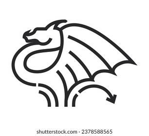 Criatura mitológica o folclórica, dragón aislado con alas y cola. Bestia o reptil, tradición y relatos culturales chinos, símbolo de poder. Esbozo monocromo. Vector en ilustración de estilo plano