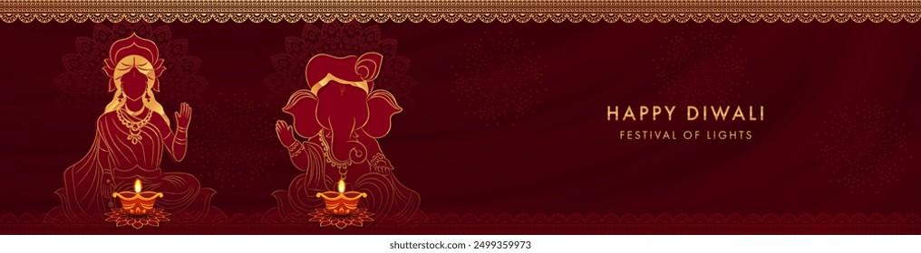 Mythological God Ganesh with Goddess Laxmi on red Background. Website Header or Banner design. Happy Diwali.