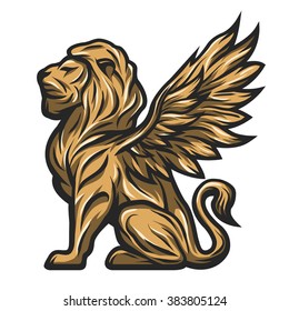 Mythological golden statue of a lion with wings.