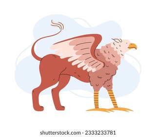 Griffin mitológico o criatura de fantasía de grifo de leyendas antiguas con cabeza de ave y cuerpo de león, ilustración vectorial plana aislada en fondo blanco.