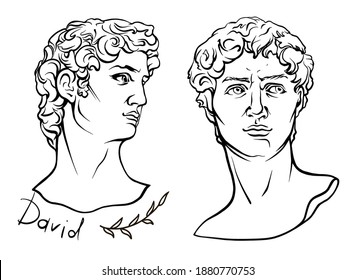 The mythological hero of ancient Greece. Hand-drawn beautiful vector artwork isolated. Myths and legends. David face of Michelangelo's sculpture the biblical hero David vintage line drawing