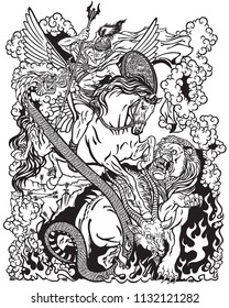 The Mythological Hero Bellerophon Or Bellerophontes Riding The Divine Winged Horse Pegasus And Fighting The Monster Creature As The Chimera . Ancient Greek Mythology . Black And White Graphic Vector I