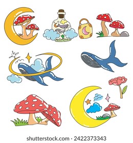 mythological illustrations, whales in space, dwarf mushroom houses, fairy tale posts, space keys. storybook children