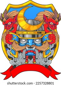 mythological japanese samurai demon, monochrome illustration
