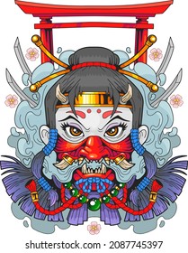 mythological japanese shinobi, ninja girl, illustration design