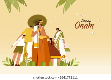 Mythological king 'Mahabali' standing with a happy family. Concept of Onam festival in Kerala