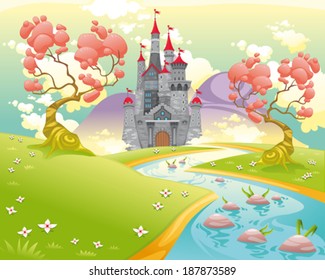 Mythological landscape with medieval castle. Cartoon and vector illustration.