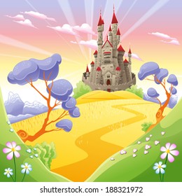 Mythological landscape with medieval castle. Cartoon and vector illustration.