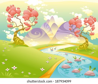 Mythological landscape with river. Cartoon and vector illustration.