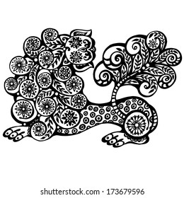 Mythological lion with a curly tail. Vector illustration.