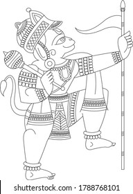 Mythological lord Hanuman, folk art Kalamkari. It can be used for a coloring book, textile/ fabric prints, phone case, greeting card. logo, calendar