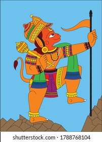 Mythological lord Hanuman, folk art Kalamkari. It can be used for a coloring book, textile/ fabric prints, phone case, greeting card. logo, calendar