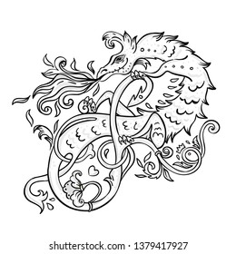 Mythological magic beast Basilisk, legendary bizarre creature. Decorative design in medieval style. Dragon, burning flame. Vector illustration. Coloring book for adults.