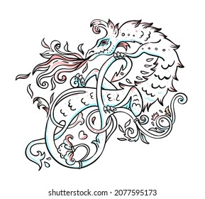 Mythological magic beast Basilisk, legendary bizarre creature. Decorative design in medieval style. Dragon, burning flame. Vector illustration.