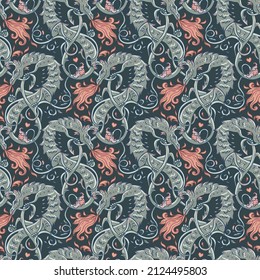 Mythological magic beast Basilisk, legendary bizarre creature. Seamless pattern design in medieval style. Dragon, burning flame. Repetition background. Wrapping paper, wallpapers. Vector illustration.