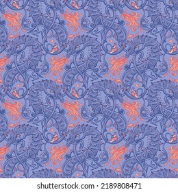 Mythological magic beast Basilisk, legendary bizarre creature. Seamless pattern design in medieval style. Dragon, burning flame. Repetition background. Wrapping paper, wallpapers. Vector illustration.