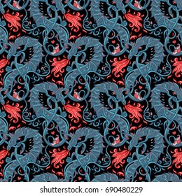 Mythological magic beast Basilisk, legendary bizarre creature. Seamless pattern design in medieval style. Dragon, burning flame. Repetition background. Wrapping paper, wallpapers. Vector illustration.