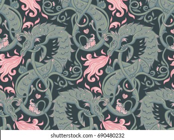 Mythological magic beast Basilisk, legendary bizarre creature. Seamless pattern design in medieval style. Dragon, burning flame. Repetition background. Wrapping paper, wallpapers. Vector illustration.