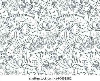 Mythological magic beast Basilisk, legendary bizarre creature. Seamless pattern design in medieval style. Dragon, burning flame. Repetition background. Wrapping paper, wallpapers. Vector illustration.