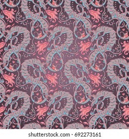 Mythological magic beast Basilisk, legendary bizarre creature. Seamless pattern design in medieval style. Dragon, burning flame. Repetition background. Wrapping paper, wallpapers. Vector illustration.