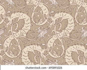 Mythological magic beast Basilisk, legendary bizarre creature. Seamless pattern design in medieval style. Dragon, burning flame. Repetition background. Wrapping paper, wallpapers. Vector illustration.