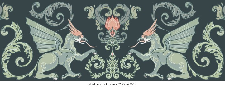 Mythological magic beast Griffin, legendary bizarre creature. Seamless border pattern design in medieval style. Dragon, burning flame. Repetition background.  Vector illustration.