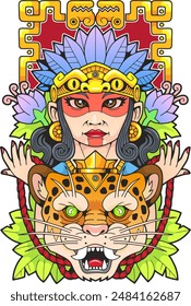 Mythological Mayan girl with jaguar, design illustration