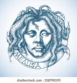 Mythological Medusa portrait with snakes in place of hair sketch