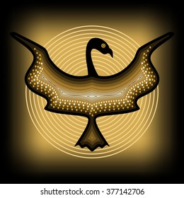 Mythological ornamental bird silhouette, tribal symmetric drawing on black background with gold circles