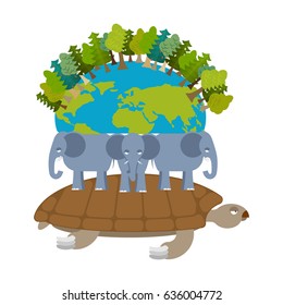 Mythological planet earth. turtle carrying elephants. Ancient representation of world