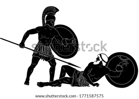 The mythological plot of Homer. Achilles defeats Hector. An ancient Greek warrior with a spear and a shield in his hands stands over the defeated enemy. Two figures are isolated on a white background.