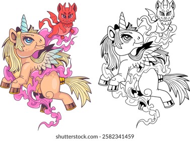 Mythological pony unicorn, coloring book for kids