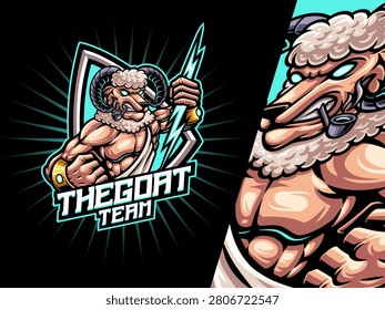 Mythological Ram Warrior Mascot Holding Lightning Spear and Shield Esports Logo Style Vector. Zeus for Streaming GamingLogo