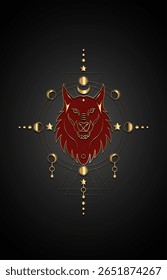 Mythological red wolf or mystical Fenrir on Sacred Geometry and Moon Phases. Gold luxury vector illustration of Sacred ethnic wild animal isolated on black background 