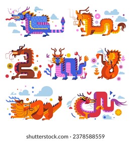 Mythological reptiles with wings and tails, folklore animals breathing fire and flames. Isolated fearsome being with floral design and clouds. Chinese culture tradition. Vector in flat style