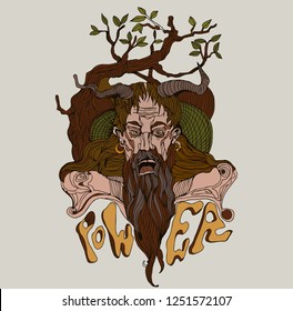 Mythological satyr, contour illustration. Vector hand drawing illustration. Tattoo design. Colorful.