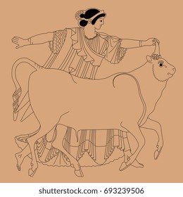 Mythological scene. Old Greek red-figure pottery style. Europa and the bull. Thin black outlines on terracotta background.