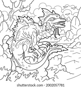 mythological sea dragon, coloring page, outline illustration