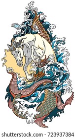 mythological sea horse hippocampus or hippocamp. Tattoo vector illustration 