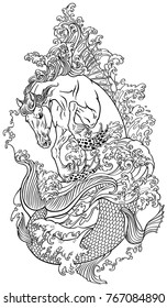 mythological sea horse hippocampus or hippocamp in the water. Outline vector illustration coloring page