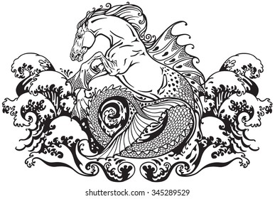 mythological seahorse black and white illustration