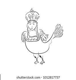 Mythological sirin bird half-woman half-bird in black contour
