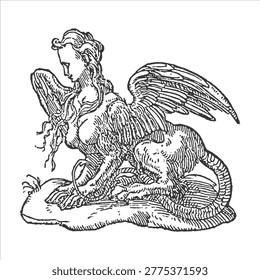 Mythological sphinx creature illustration with mythological creature illustration sculpture